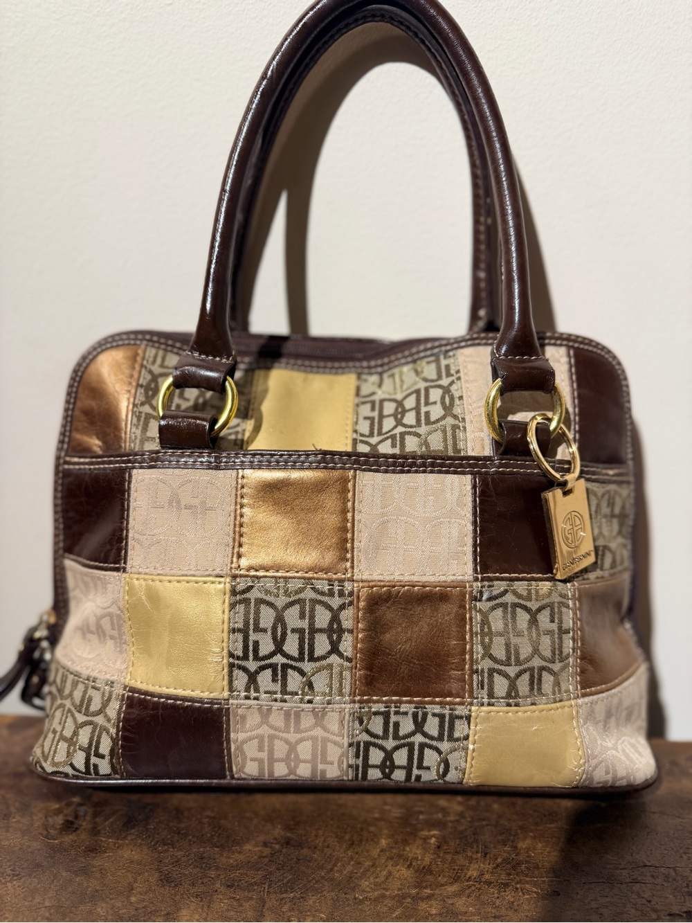 Giani Bernini Patchwork Leather Satchel Handbag in Brown, Gold & Cream